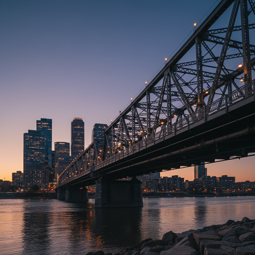 A dramatic, dusk-time cityscape highlighting a partially silhouetted historic steel truss bridge in the foreground, its lattice of iron members rendered in crisp detail, spanning a wide river. Modern high-rises glow faintly in the distant background, contrasting eras of construction. The remaining twilight paints the sky in deep blues and muted purples, while subtle sodium-vapor lights along the bridge cast warm pools that reveal rivets, gusset plates, and railing ornamentation. Photographed from a low vantage at river level with a long lens, the composition compresses distance and emphasizes the bridge’s structural rhythm. The mood is reflective and dignified, underscoring the enduring legacy of early ironworker projects, captured in realistic, high-clarity photographic style tailored to educational storytelling.