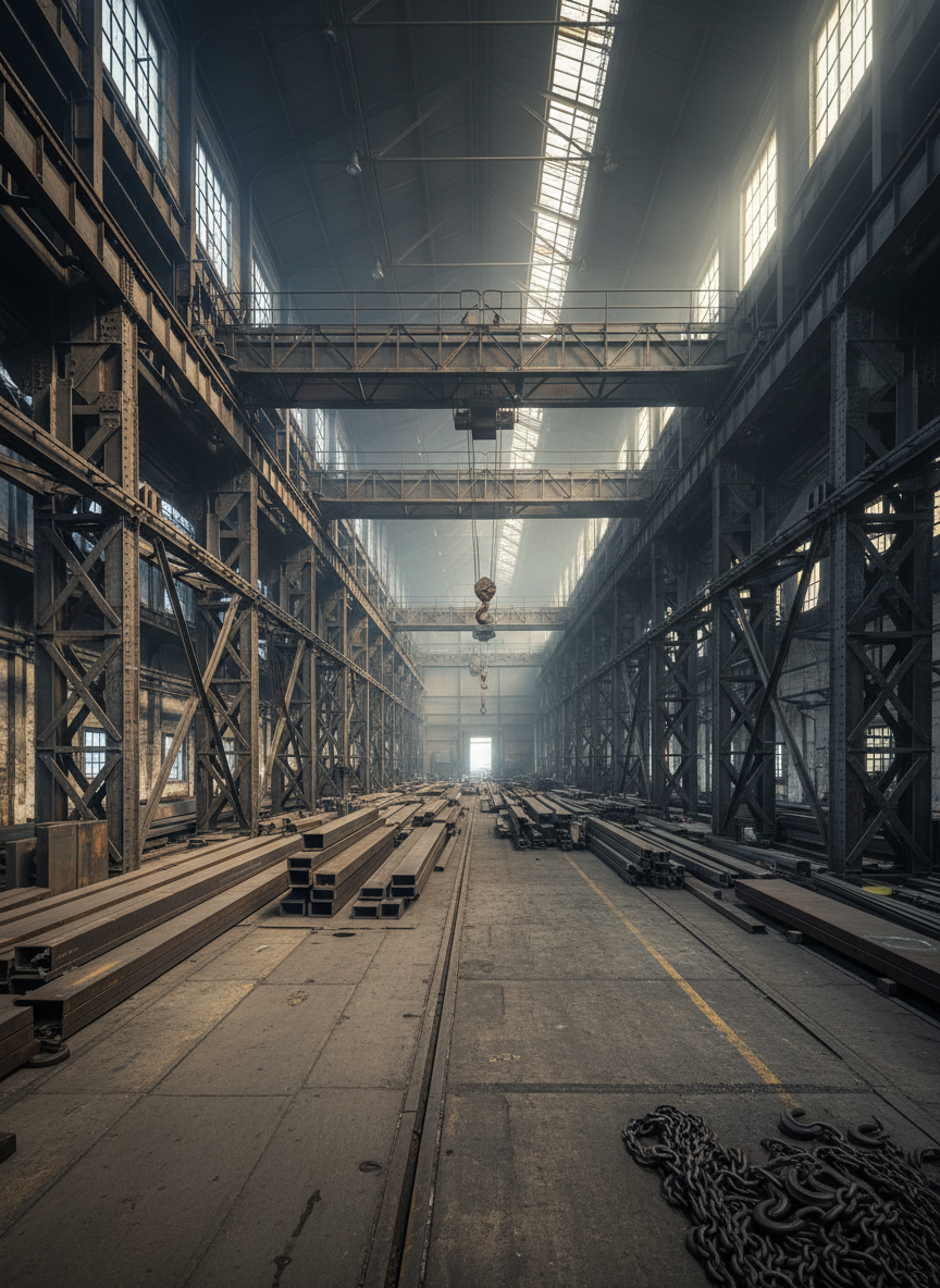 A panoramic interior of an early 20th-century steel mill bay, devoid of workers, lined with massive riveted I-beams, overhead gantry cranes, and stacked steel girders. The concrete floor is stained and scored, scattered with neatly arranged chains and hooks that gleam slightly from use. High clerestory windows admit hazy, late-afternoon industrial light, streaming in shafts that catch floating dust and illuminate the structure of the trusses above. The mood is solemn and historical, emphasizing the scale and engineering prowess of the era. Captured with a wide-angle, slightly elevated perspective in photographic realism, the composition uses strong leading lines from the beams and rails to draw the eye deep into the scene, ideal for illustrating foundational ironworking environments.