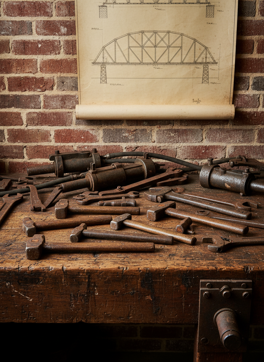 A meticulously arranged collection of vintage ironworking tools displayed on a heavily worn oak workbench, every hammer head, rivet gun, and wrench showing decades of patina, scratches, and darkened steel. Behind them, a large, faded blueprint of a steel truss bridge is pinned to a brick wall, its edges curled and yellowed. Soft, diffused daylight filters through unseen factory windows, creating gentle reflections on the metal surfaces and subtle shadows across the bench. Photographed at eye level with sharp focus throughout, the composition feels archival and documentary, evoking a professional, educational mood. The photographic realism highlights textures of rust, aged wood grain, and paper fibers, creating an authentic visual introduction to ironworker history.