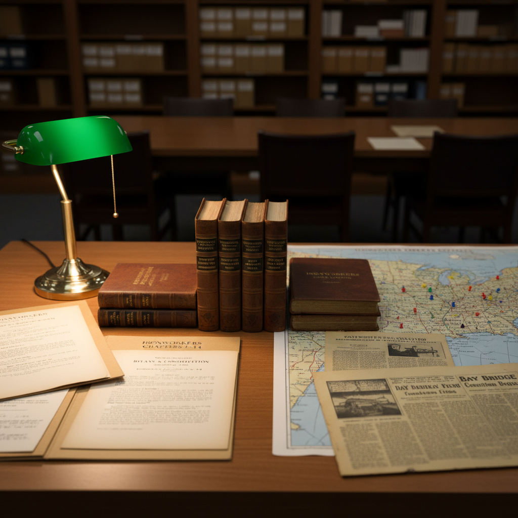 An orderly archive table in a quiet institutional reading room, covered with neatly spread historical materials related to Ironworkers Chapters 1–14: leather-bound minute books with embossed gold lettering, typed bylaws in manila folders, brittle newspaper clippings about landmark projects, and a large, unfolded map marked with colored pins showing different chapter locations. The table is medium-toned wood, illuminated by a single green-shaded library lamp that casts warm, focused light, leaving the room beyond in soft shadow. Captured from a slightly elevated angle with a shallow depth of field, the central documents are in crisp focus while the shelves of boxed records blur behind. The atmosphere is scholarly and professional, conveying careful curation and respect for institutional history in a clean, photographic style.
