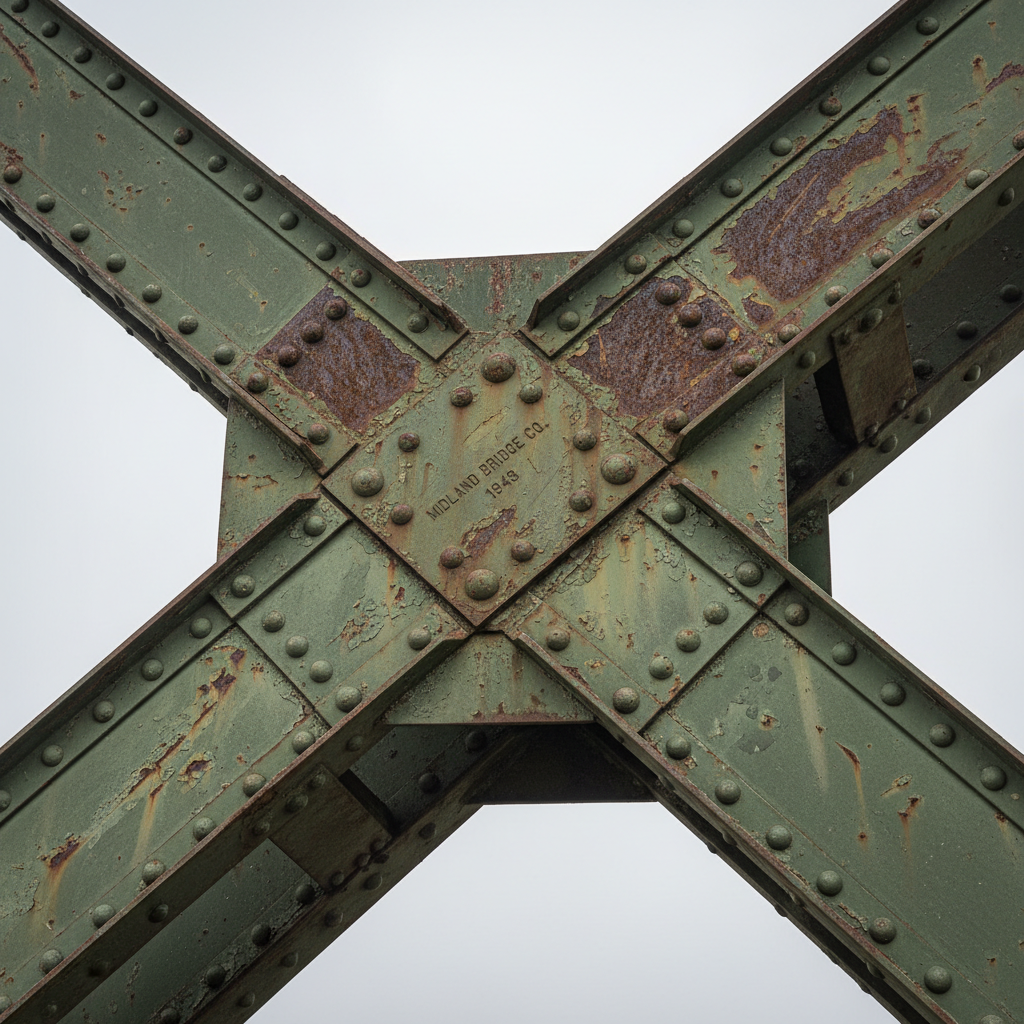 A close-up, documentary-style photograph of a heavily riveted steel bridge joint from the mid-1900s, showing intersecting girders painted in faded industrial green, with layers of peeling paint, rust blooms, and stamped manufacturing marks still visible. The structure rises diagonally across the frame, set against an overcast sky that provides soft, even lighting with no harsh shadows, allowing every bolt head and weld line to stand out. Shot from a low-angle perspective, the composition emphasizes the strength and precision of ironworker craftsmanship. The mood is analytical and educational, focusing on engineering detail rather than drama. Photographic realism captures the micro-texture of corroded metal and weathered coatings to support technical discussions of historic steel connections.